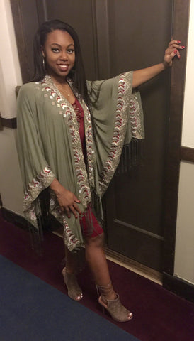 Aztec Embroider Olive Poncho