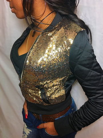 Gold Sequin Quilted Bomber Jacket